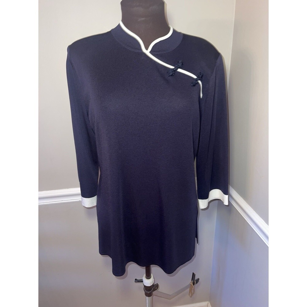 Exclusively‎ Misook Asian Inspired Knit Tunic Navy Blue Womens M Knit 3/4 Sleeve